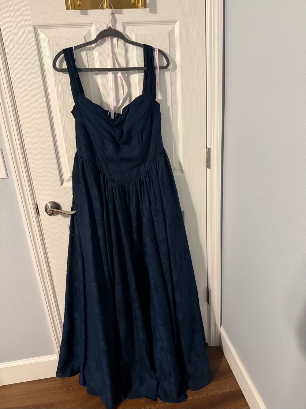 Off-Shoulder Navy Floral Jacquard Evening Gown - Picture 4 of 4